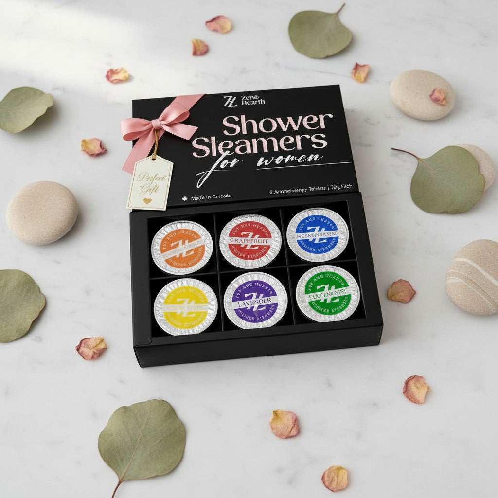 Oh Canada Gifts Zen & Hearth shower steamer gift set with six aromatherapy tablets in a black box with a pink ribbon.