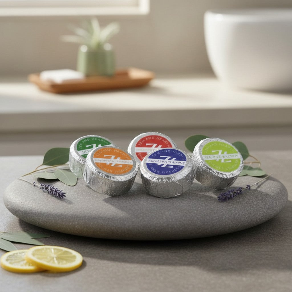 Oh Canada Gifts Zen & Hearth shower steamer gift set with assorted aromatherapy tablets on a stone tray.