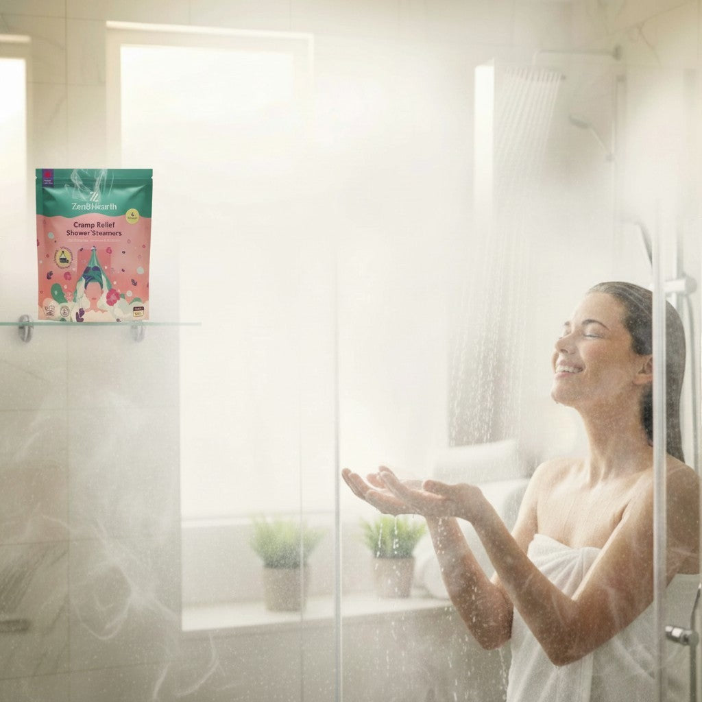 Oh Canada Gifts Zen & Hearth shower steamer pouch next to a woman enjoying a relaxing, steamy shower for cycle comfort.