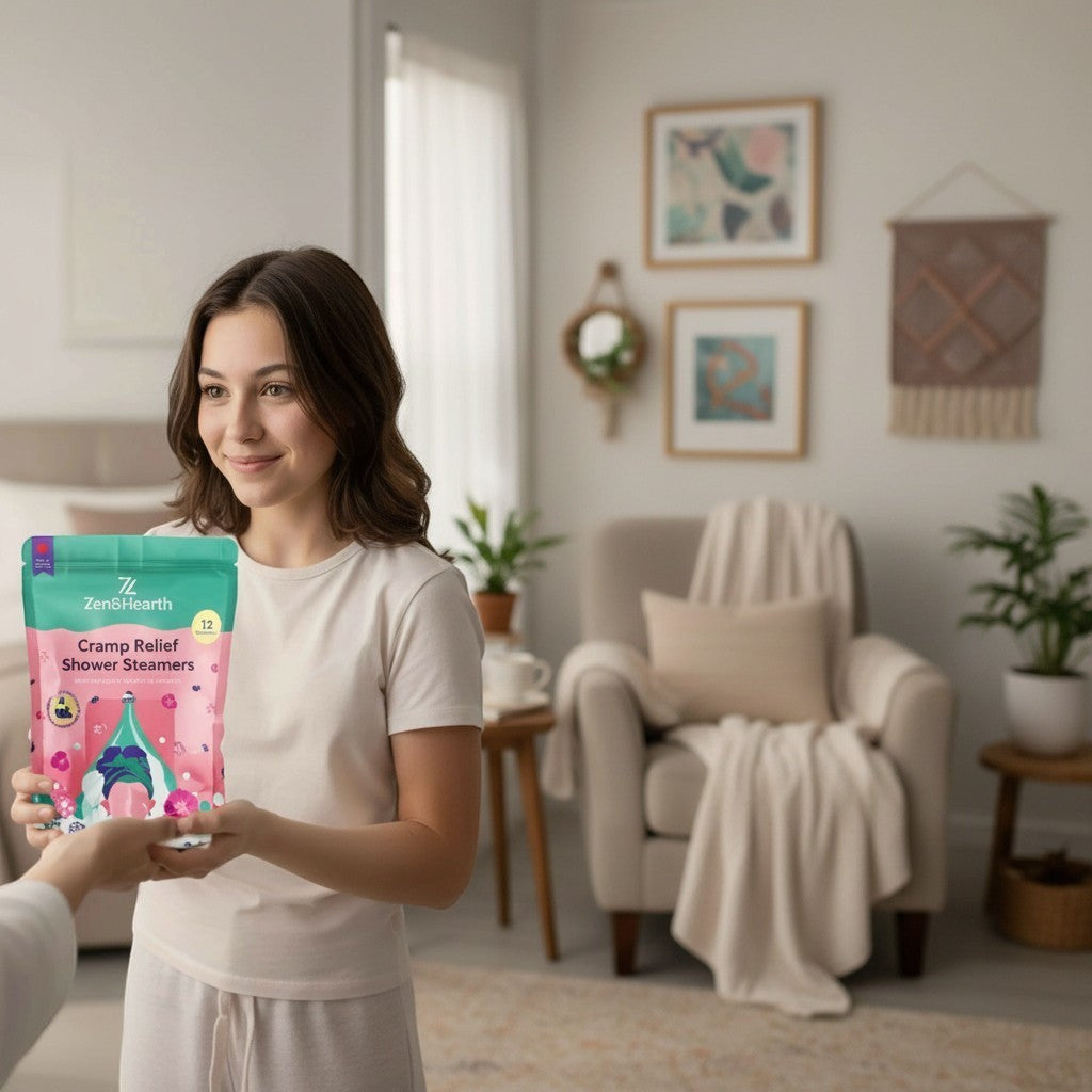 A young woman smiling while holding a bag of Oh Canada Gifts Zen & Hearth Cycle Comfort Shower Steamers.