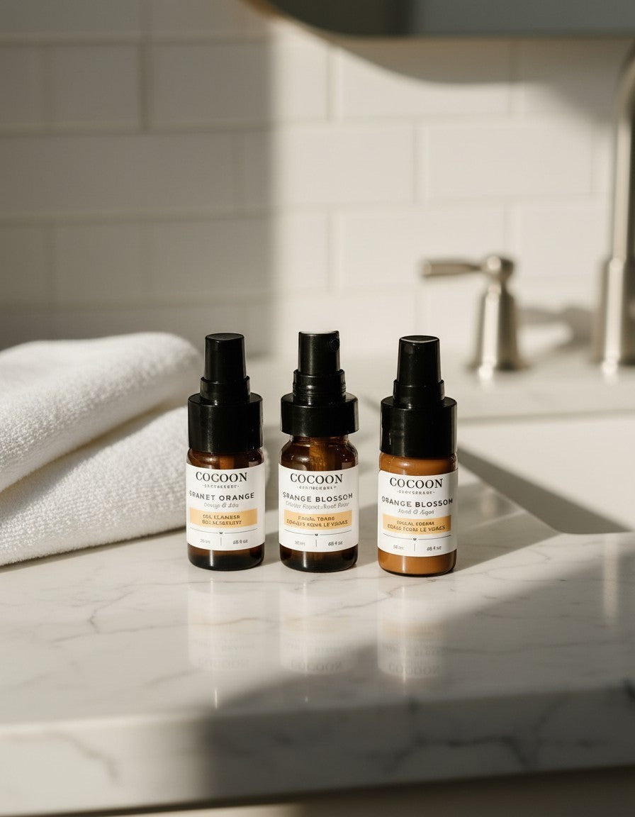 Oh Canada Gifts Cocoon Apothecary travel-size skincare trio for oily skin with cleanser, toner, and cream on marble.