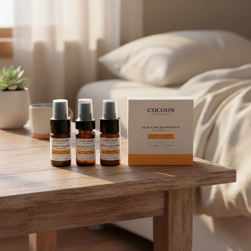 Oh Canada Gifts Cocoon Apothecary travel-size skincare kit for oily skin with cleanser, toner, and cream on a table.
