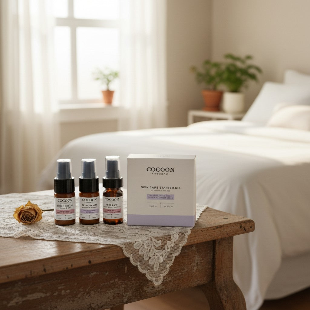 Oh Canada Gifts Cocoon Apothecary travel-size skincare kit with cleanser, toner, and cream on a wooden table.