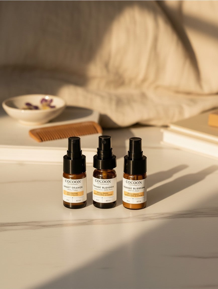 Oh Canada Gifts Cocoon Apothecary travel-size skincare trio for oily skin with cleanser, toner, and cream bottles.