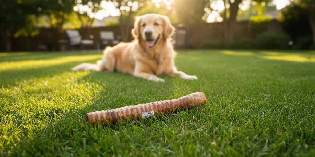 Oh Canada Gifts natural smoked veal trachea dog chew lying on green grass with a golden retriever in the background