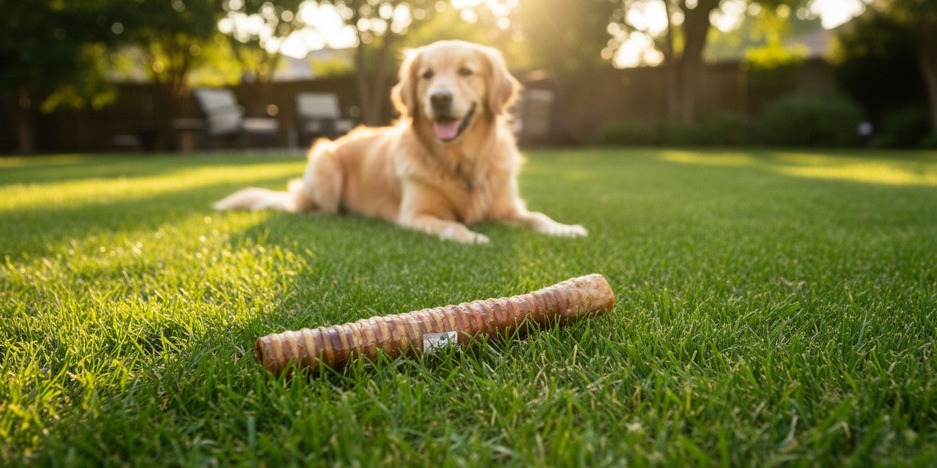 Oh Canada Gifts natural smoked veal trachea dog chew lying on green grass with a golden retriever in the background