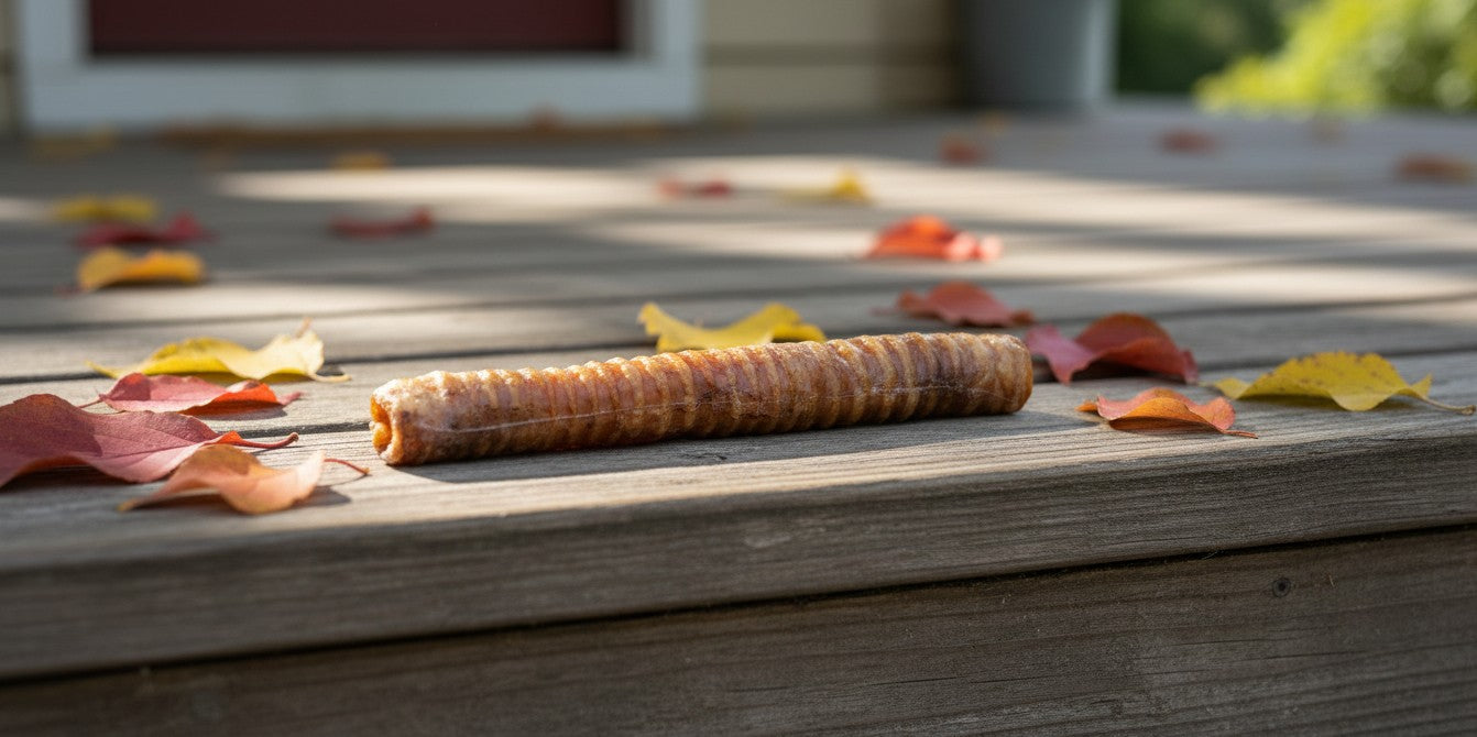 Oh Canada Gifts 8-9 inch smoked natural veal trachea dog chew on a wooden deck with autumn leaves