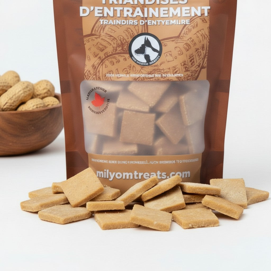 Oh Canada Gifts soft peanut training treats for dogs in a brown resealable pouch with square bite-sized pieces.