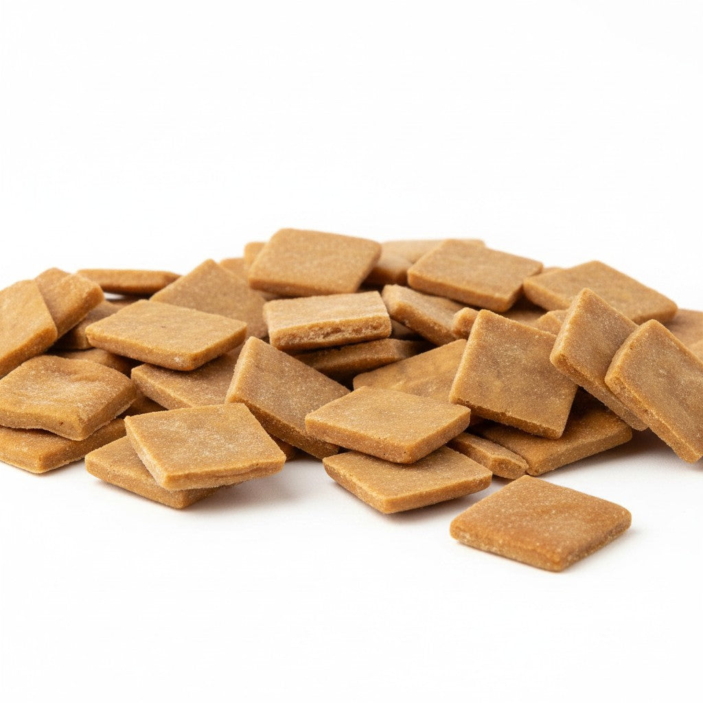 Oh Canada Gifts soft peanut dog training treats in small, bite-sized square shapes on a white background.