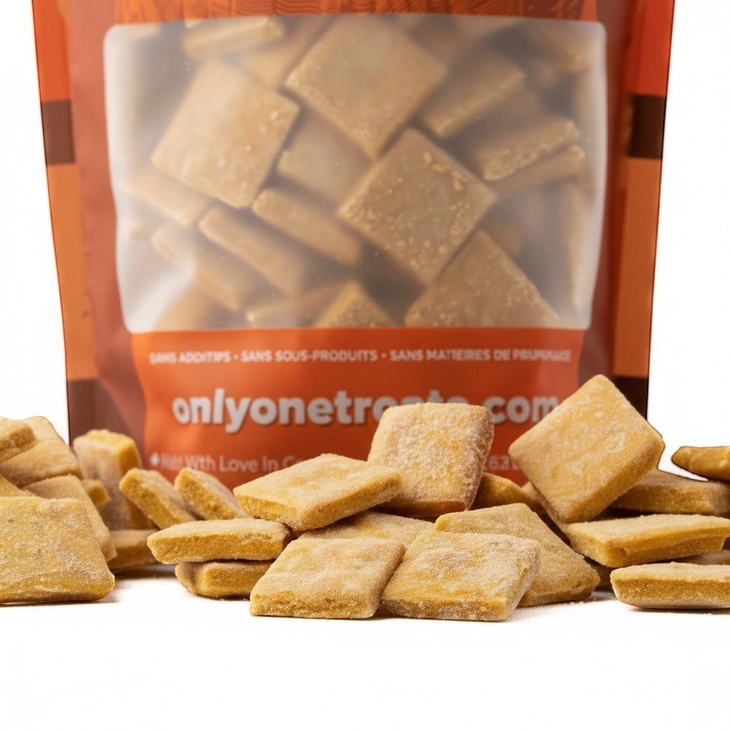 Oh Canada Gifts soft pumpkin dog training treats in a bulk bag with bite-sized square pieces on a white surface.