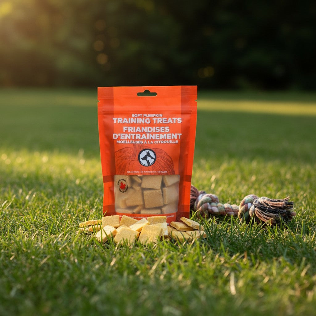 Oh Canada Gifts soft pumpkin dog training treats in an orange pouch with bite-sized pieces on green grass.