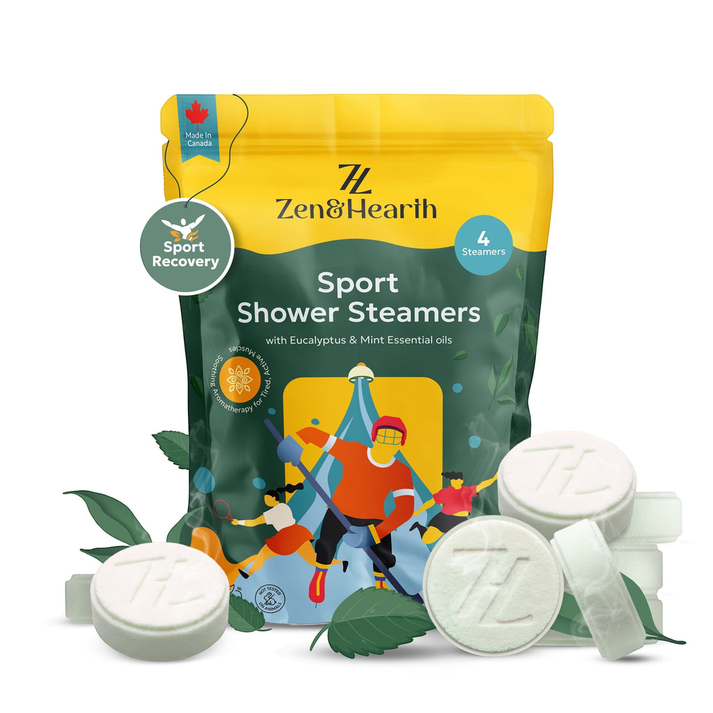 Oh Canada Gifts Zen & Hearth Sport shower steamers with eucalyptus and mint essential oils for post-workout recovery.