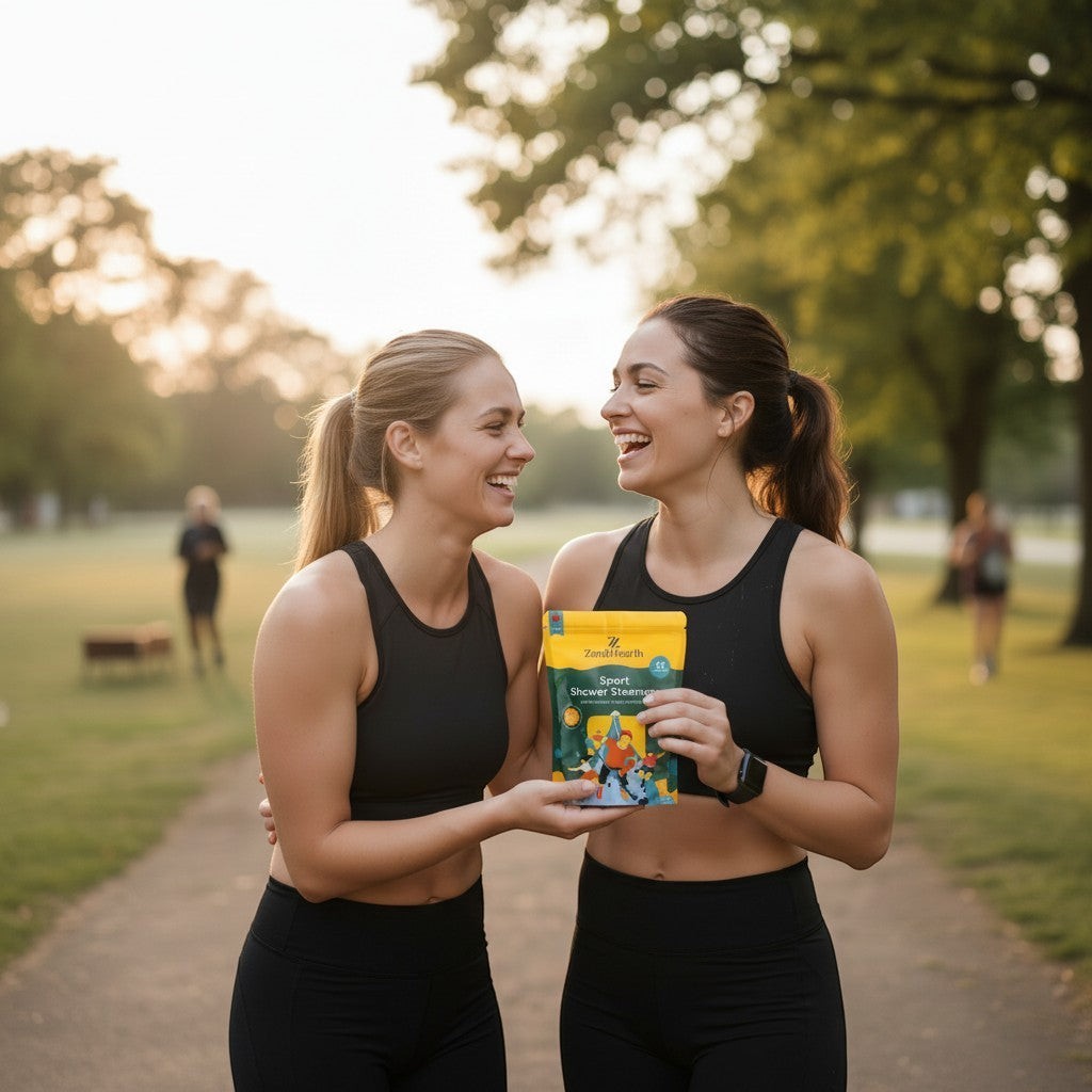 Two women in athletic wear holding a pouch of Oh Canada Gifts Zen & Hearth Sport Shower Steamers in a park.