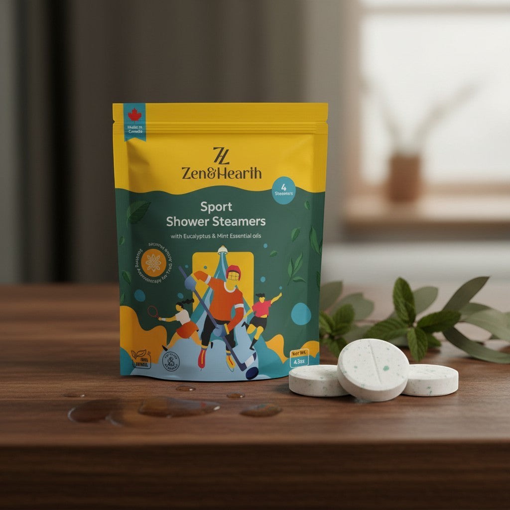 Oh Canada Gifts Zen & Hearth Sport shower steamers with eucalyptus and mint essential oils in a yellow pouch.