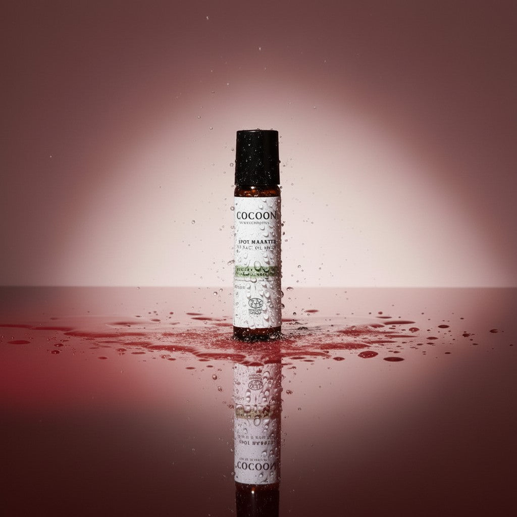 Oh Canada Gifts Spot Dabber acne treatment in a roll-on bottle surrounded by water splashes on a reflective surface.