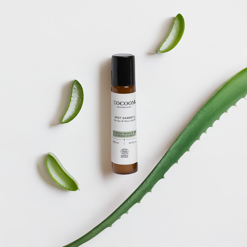 Oh Canada Gifts Cocoon Apothecary Spot Dabber roll-on treatment for acne-prone skin with fresh aloe vera leaves