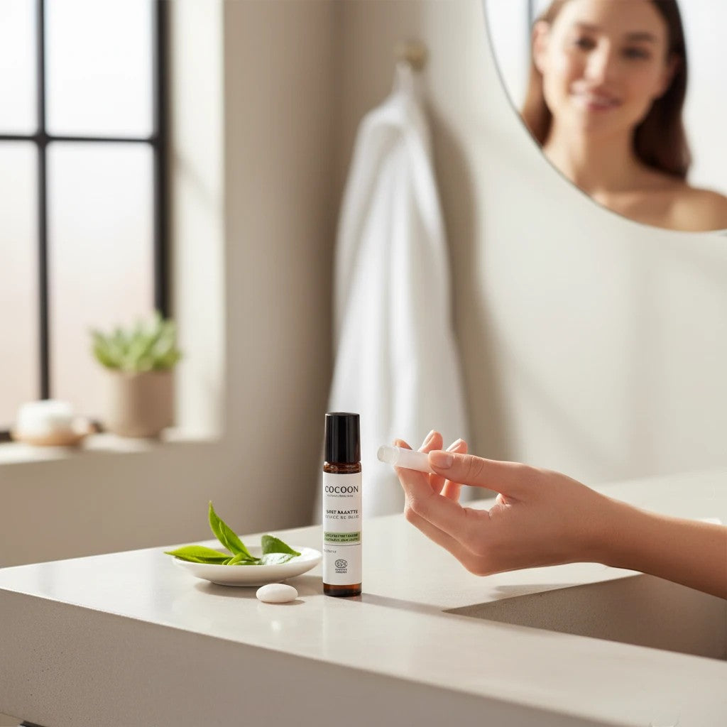 Oh Canada Gifts Spot Dabber roll-on treatment for acne-prone skin on a bathroom counter with tea tree leaves