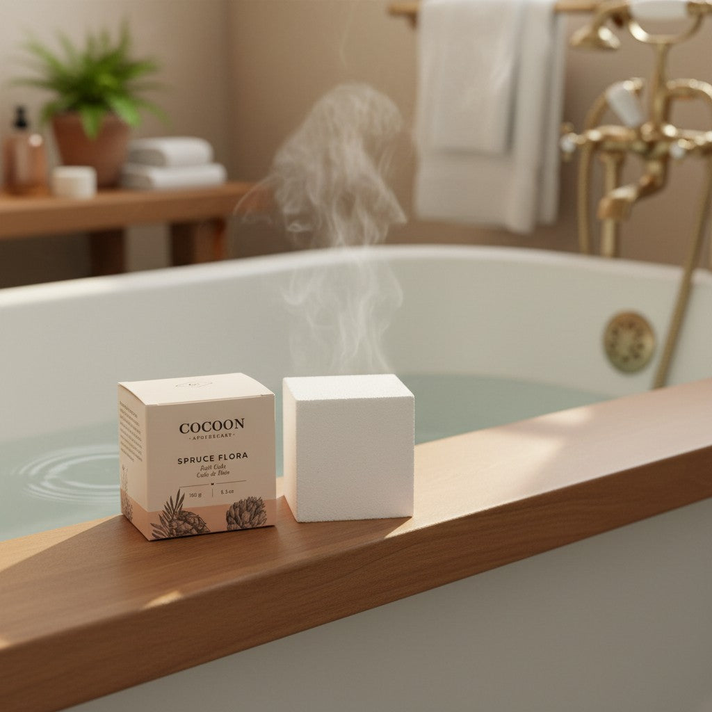 Oh Canada Gifts Spruce Flora effervescent bath cube steaming on a wooden bathtub ledge with its botanical packaging.