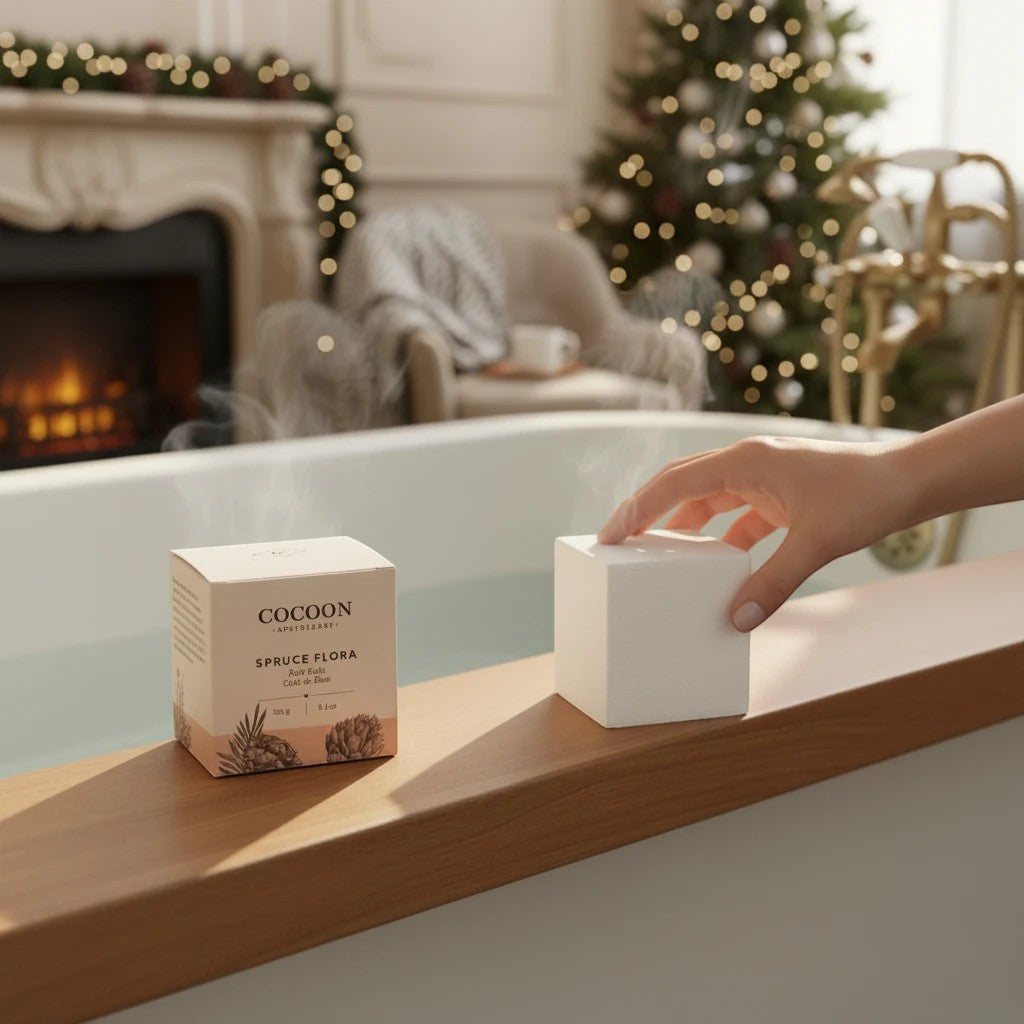 Oh Canada Gifts Spruce Flora bath cube on a wooden tub ledge with a festive holiday background.