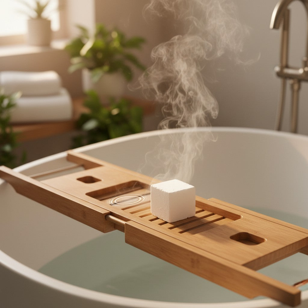 Oh Canada Gifts Spruce Flora effervescent bath cube steaming on a bamboo tray over a warm bathtub