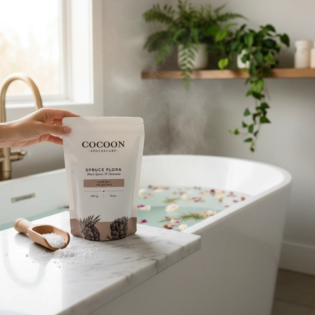 Oh Canada Gifts Spruce Flora bath salts pouch next to a steaming bathtub with floral petals in a bright bathroom