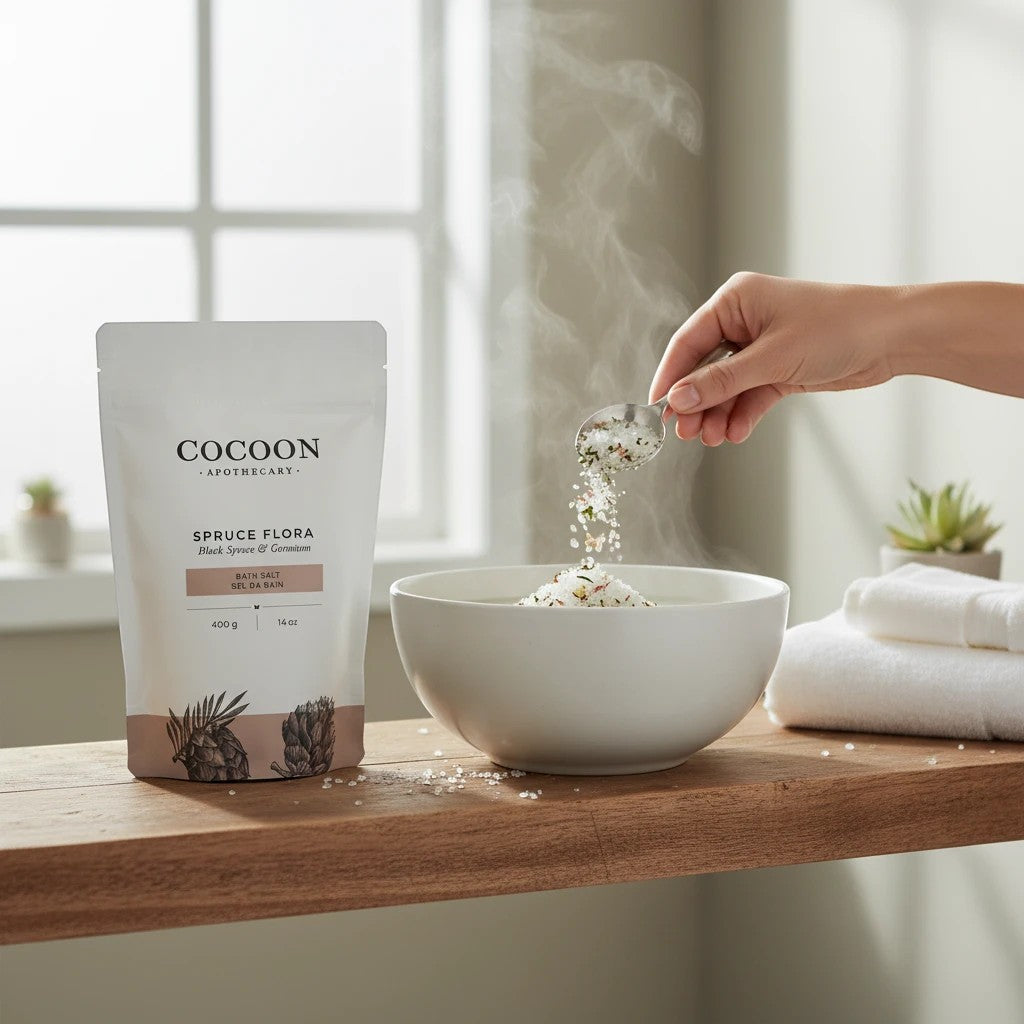 Oh Canada Gifts Spruce Flora bath salts in a pouch next to a steaming bowl of salts being stirred with a spoon.