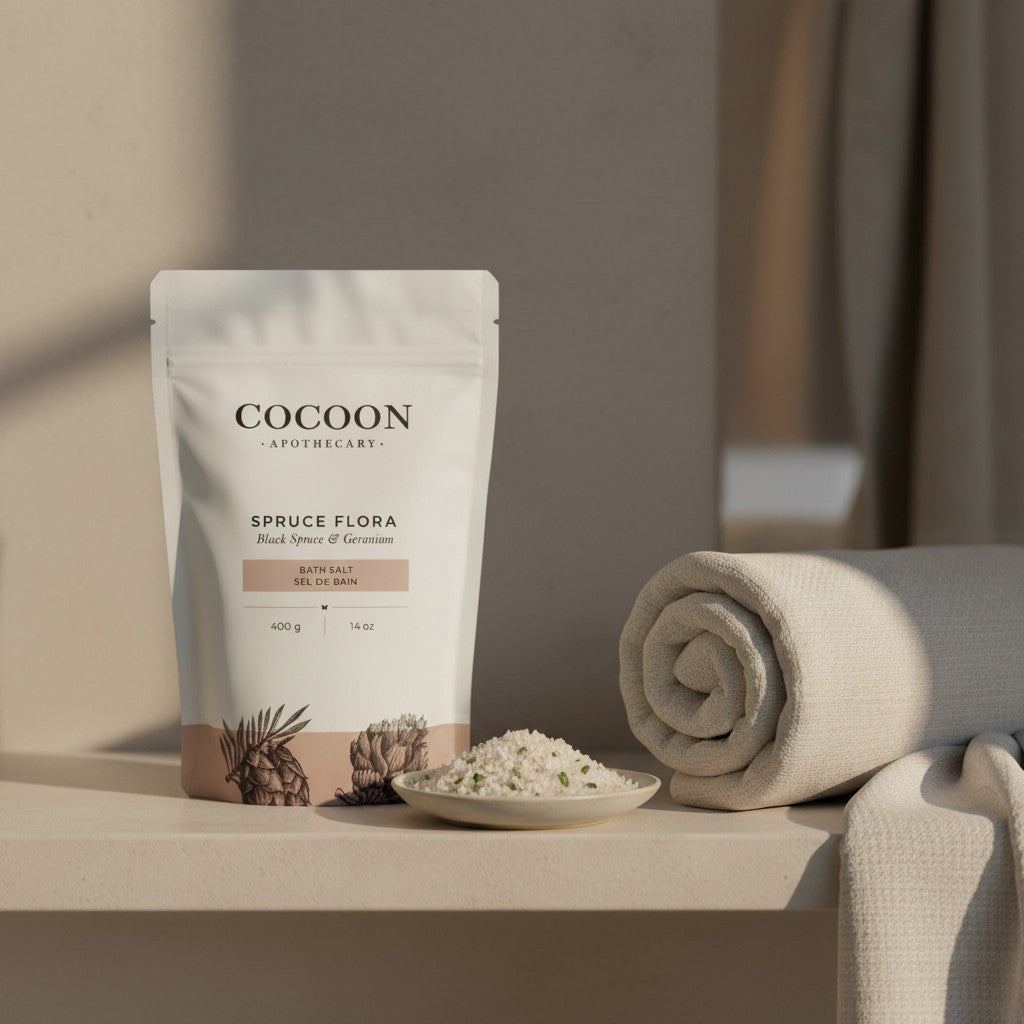Oh Canada Gifts Spruce Flora bath salts in a white pouch with a small dish of salts and a rolled towel on a shelf.
