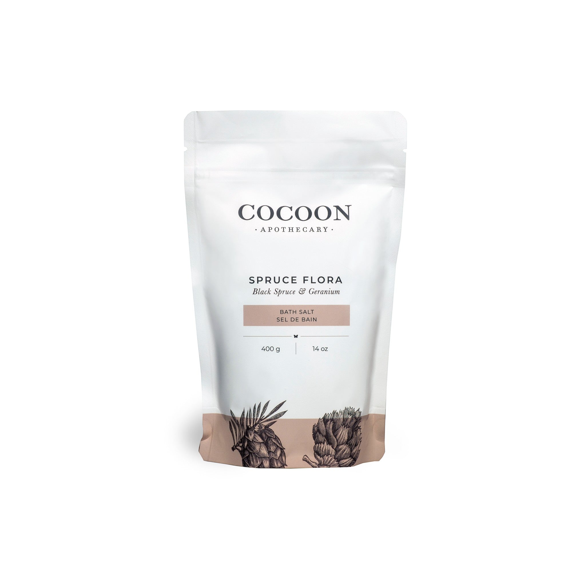 Oh Canada Gifts Spruce Flora bath salts in a white pouch with botanical illustrations for muscle relaxation.