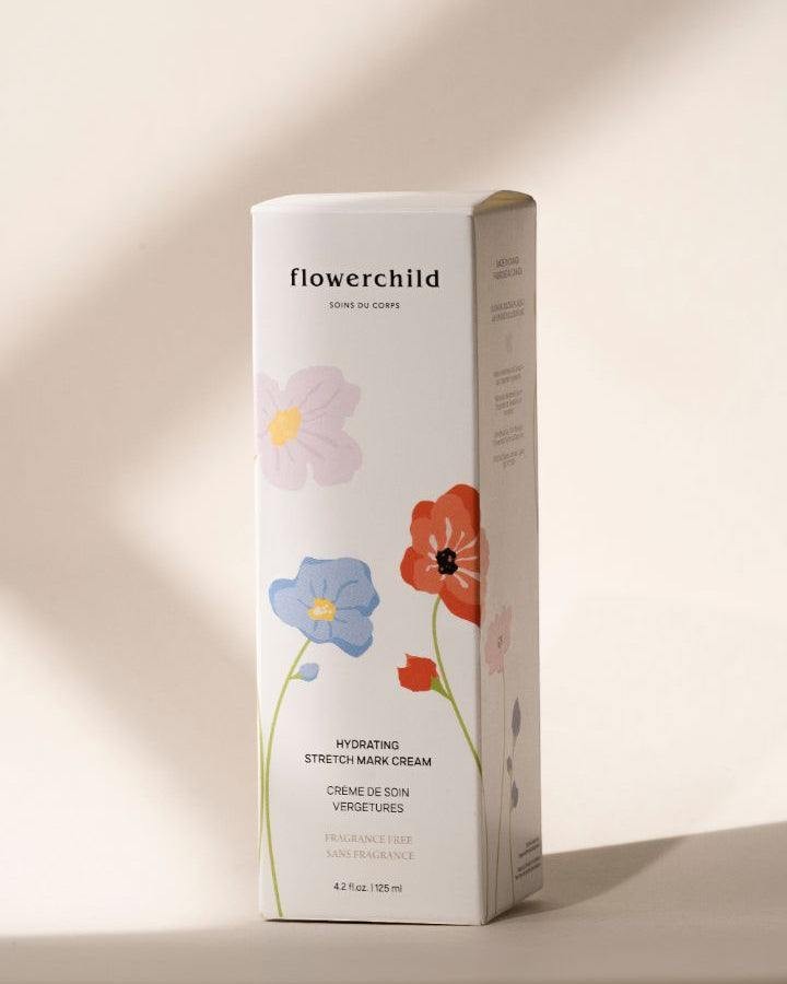 Oh Canada Gifts Flowerchild Soins du Corps stretch mark cream in a white box with floral illustrations.
