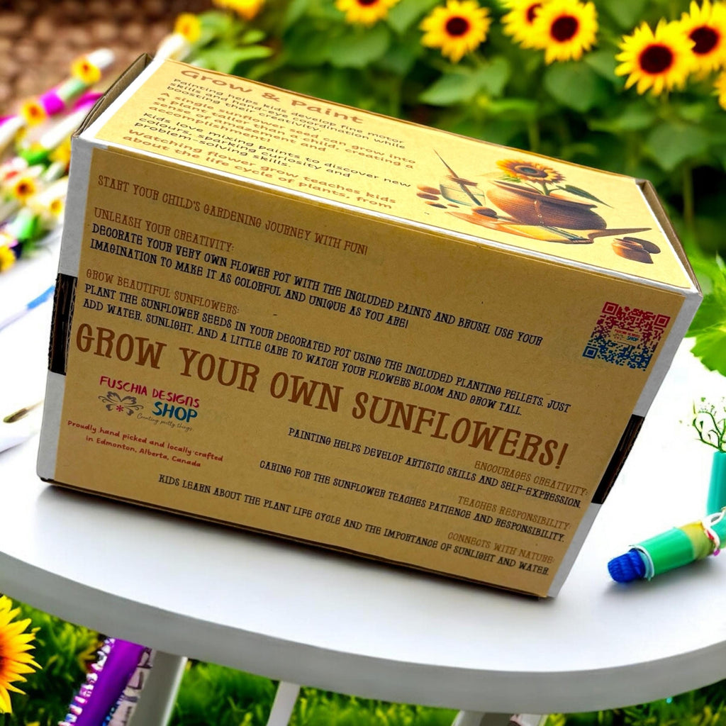 Oh Canada Gifts Paint, Plant & Grow DIY sunflower kit box with instructions and gardening tools on a white table.