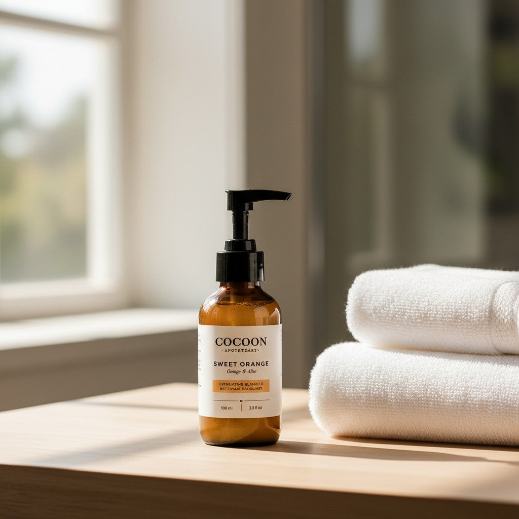 Oh Canada Gifts Sweet Orange Exfoliating Cleanser in an amber bottle with a pump, next to white towels.