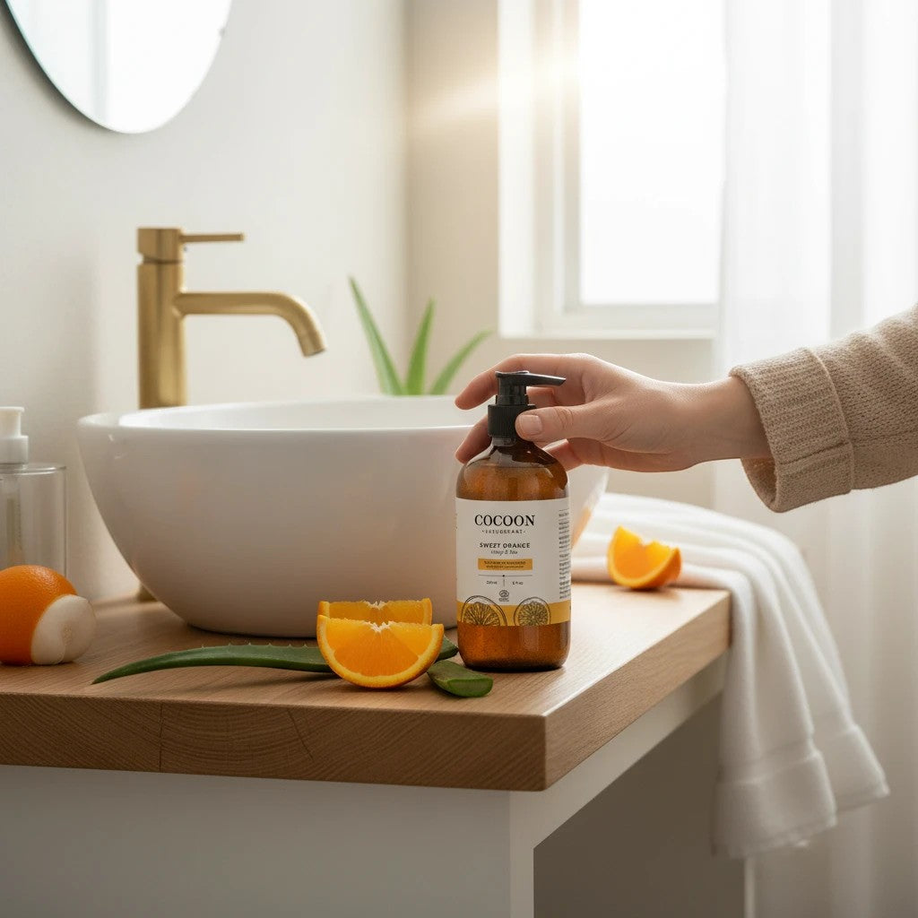 Oh Canada Gifts Sweet Orange Exfoliating Cleanser bottle on a wooden bathroom counter with fresh orange slices.