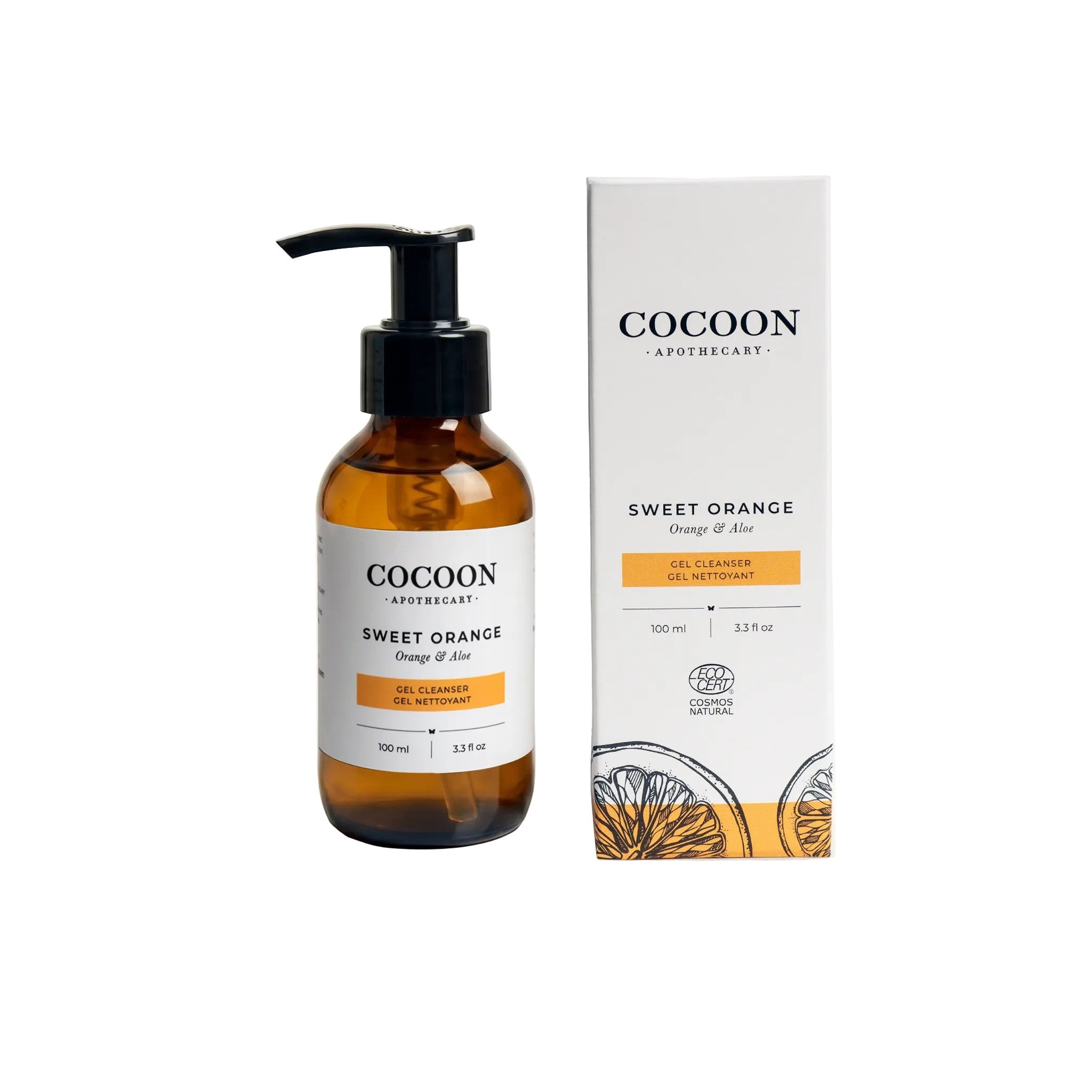 Oh Canada Gifts Cocoon Apothecary Sweet Orange Gel Cleanser bottle and box with citrus illustrations on white background