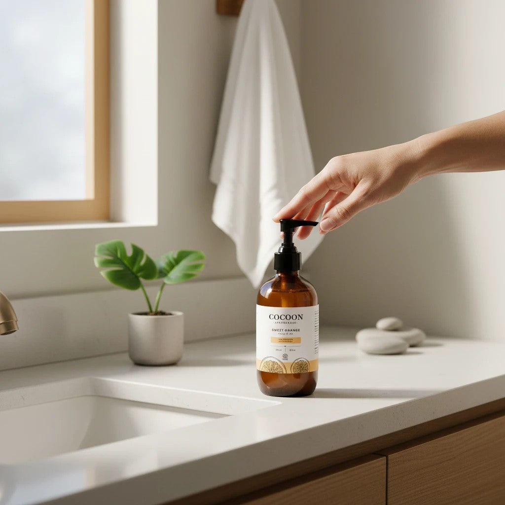 Oh Canada Gifts Sweet Orange Gel Cleanser in an amber bottle being pressed by a hand on a bright bathroom vanity.