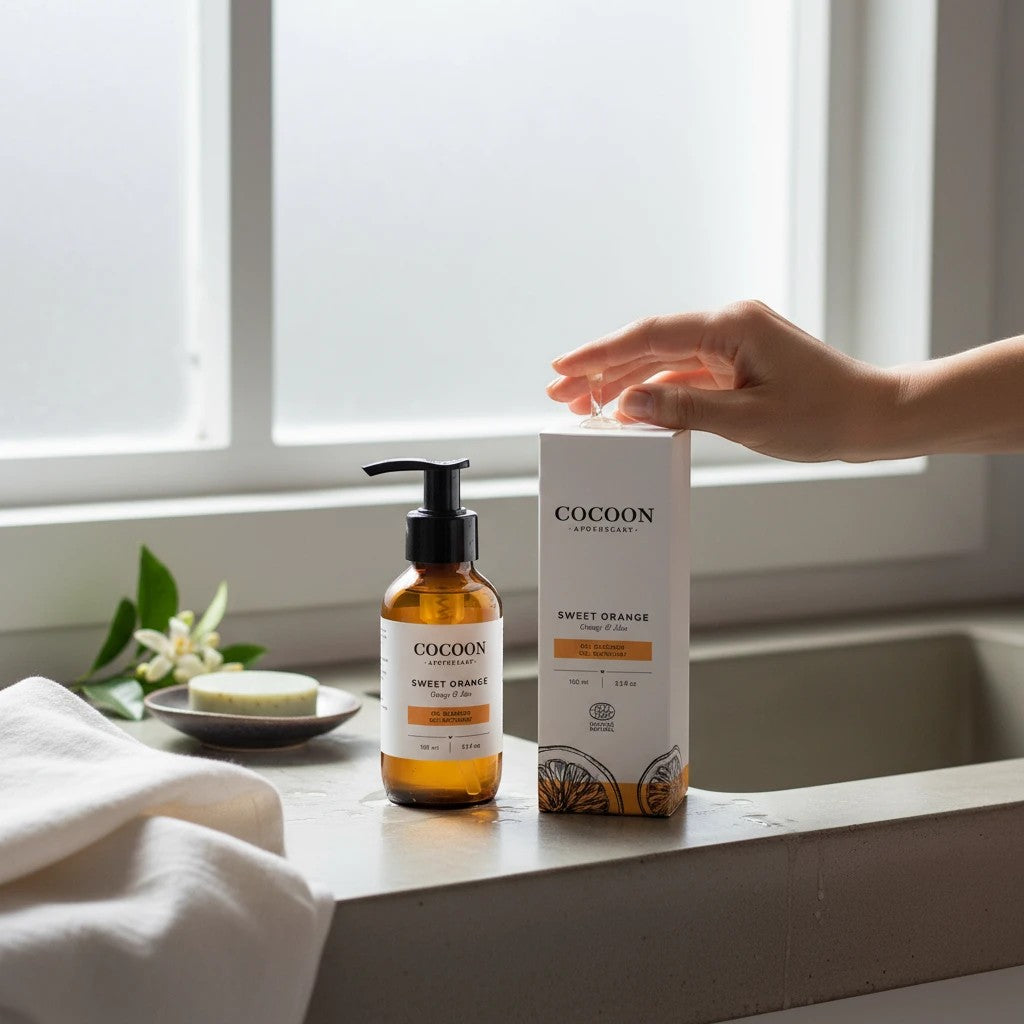 Oh Canada Gifts Cocoon Apothecary Sweet Orange Gel Cleanser bottle and box on a bathroom counter with a hand pressing pump