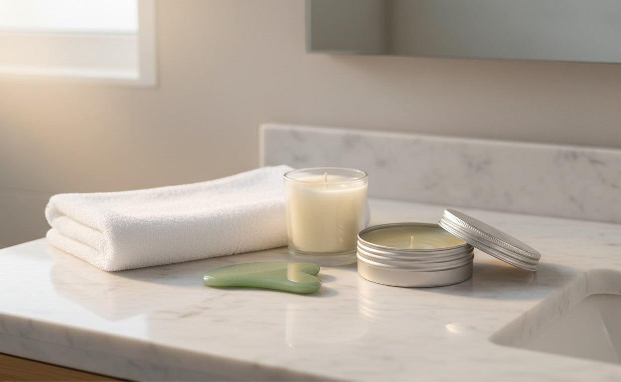 Oh Canada Gifts grass-fed tallow balm in a metal tin with a jade gua sha tool and candle on a marble bathroom counter