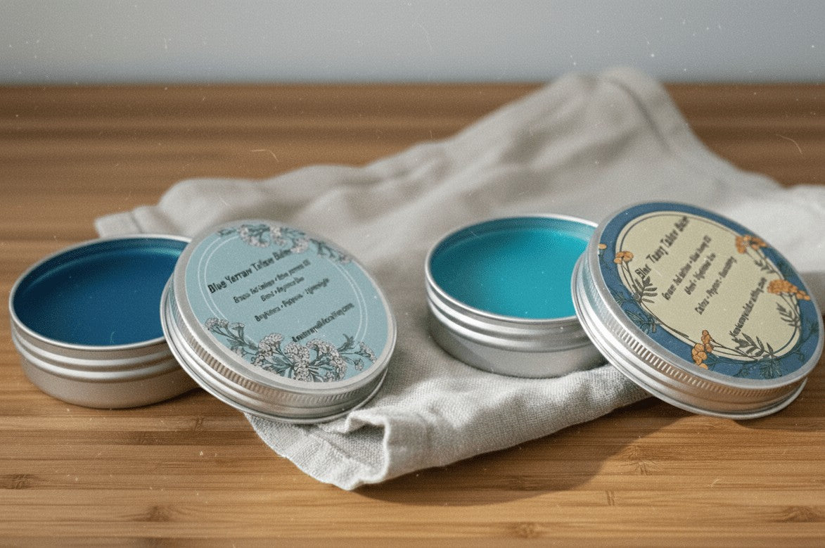 Oh Canada Gifts grass-fed tallow balm tins in blue, featuring botanical labels on a linen cloth on a wooden surface.