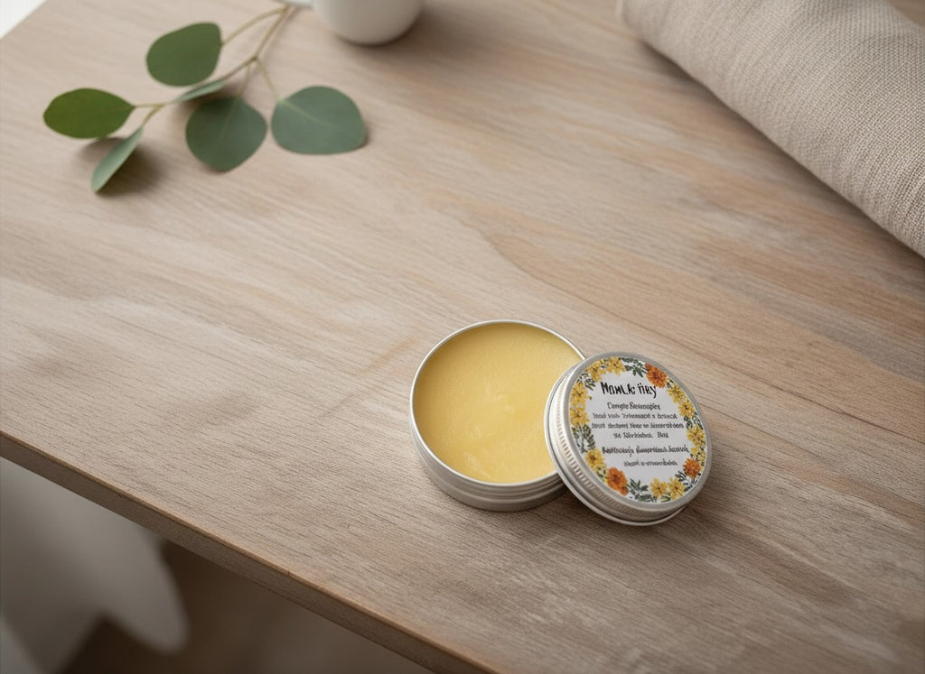 Oh Canada Gifts Root & Sky Throat & Neck Salve in a small metal tin on a wooden table with eucalyptus leaves.