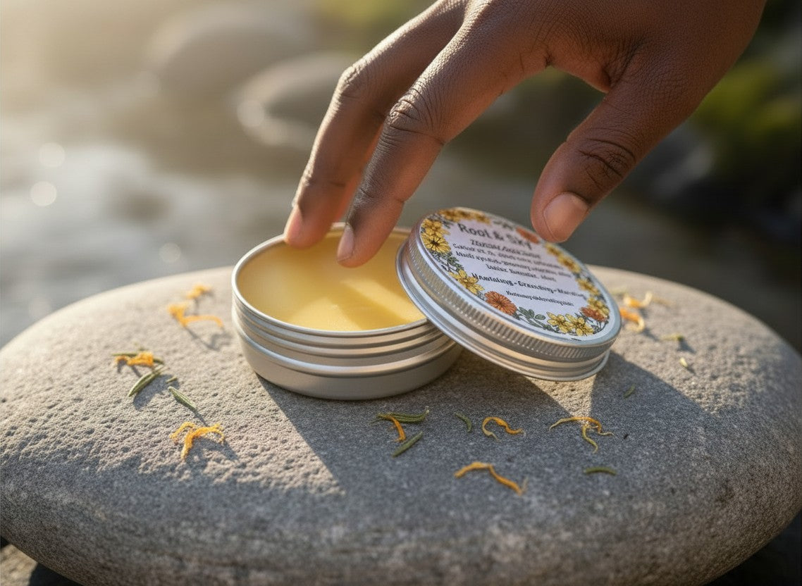 Oh Canada Gifts Root & Sky throat and neck salve in a metal tin, being applied by hand on a smooth river stone.