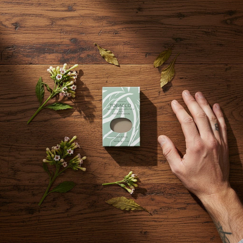 Oh Canada Gifts tobacco leaf soap bar in green packaging on a wooden table with tobacco flowers and a hand.