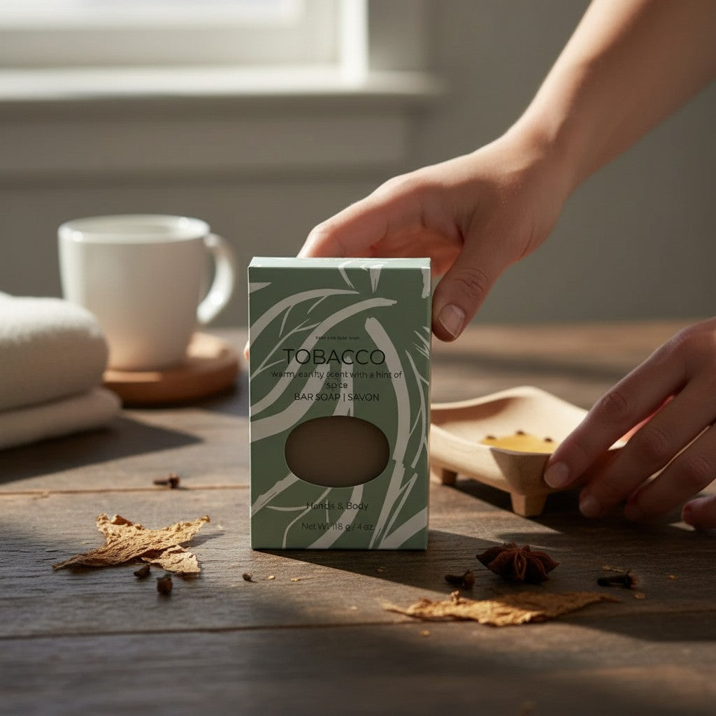 Oh Canada Gifts Tobacco Leaf soap bar in green packaging held on a rustic wooden table with spices and a coffee mug.