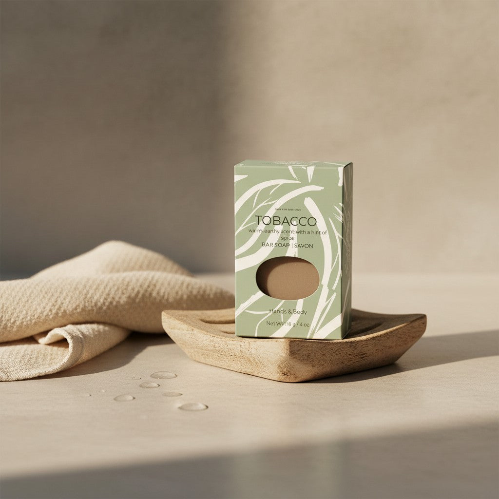 Oh Canada Gifts Tobacco Leaf soap bar in green packaging on a wooden soap dish with a beige cloth.