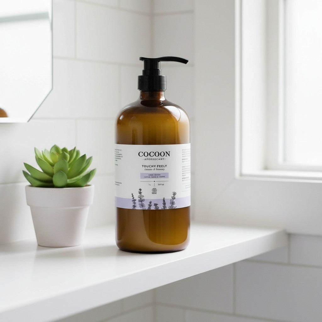 Oh Canada Gifts Touchy Feely body lotion in a 1L amber pump bottle on a white bathroom shelf with a small succulent.