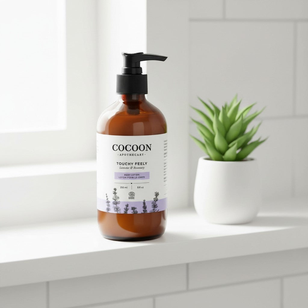 Oh Canada Gifts Touchy Feely body lotion in an amber glass pump bottle with lavender label on a white bathroom shelf.