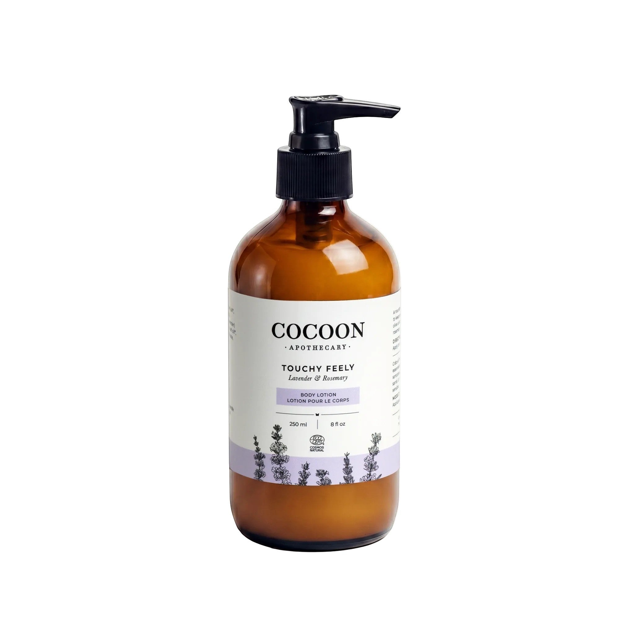 Oh Canada Gifts Touchy Feely body lotion in an amber glass bottle with a black pump dispenser and lavender label.