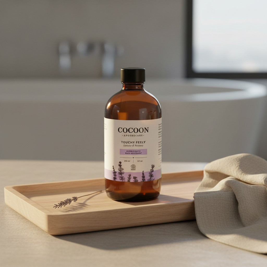 Oh Canada Gifts Touchy Feely bubble bath in an amber glass bottle with lavender and rosemary on a wooden tray.