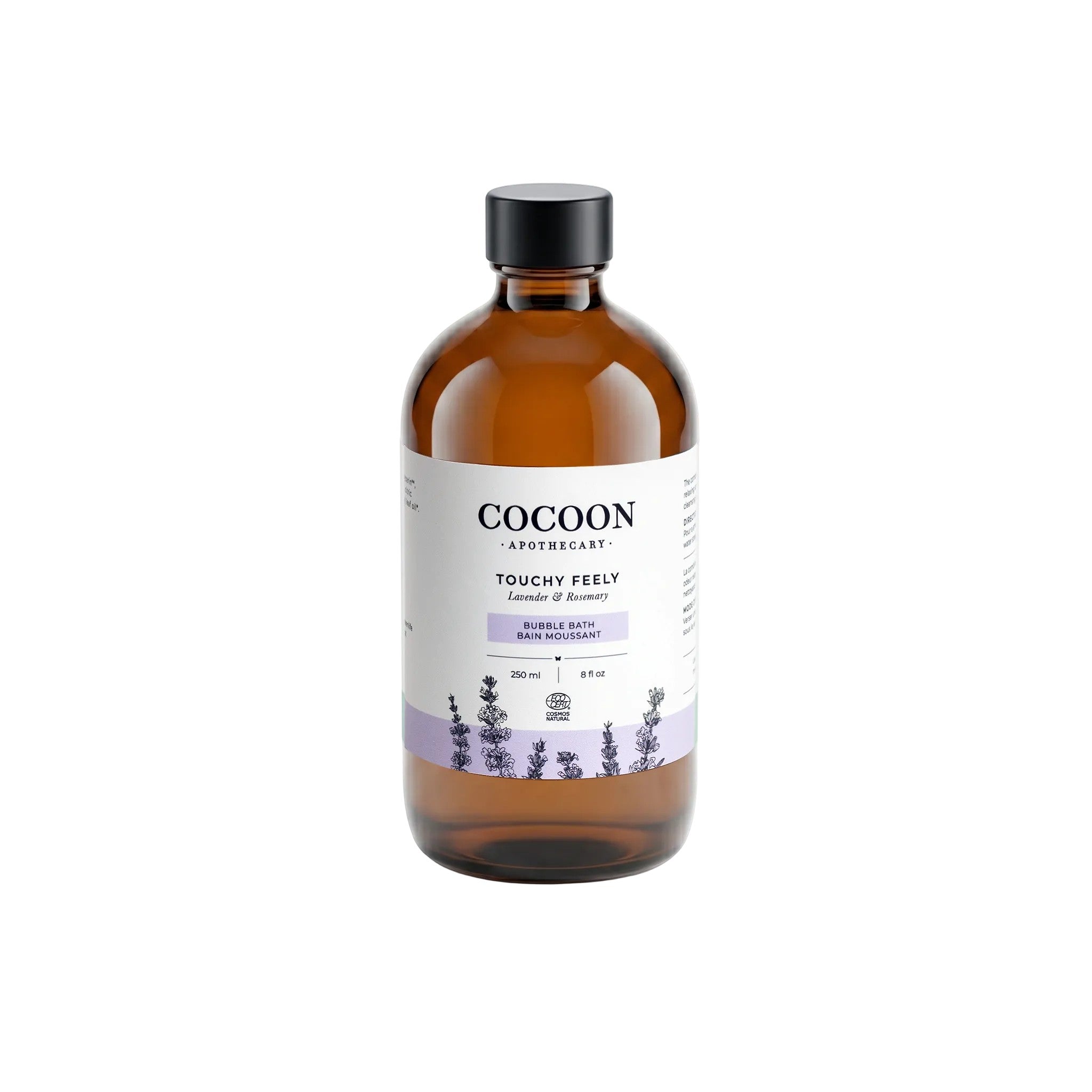 Oh Canada Gifts Touchy Feely bubble bath in an amber glass bottle with lavender and rosemary essential oils.