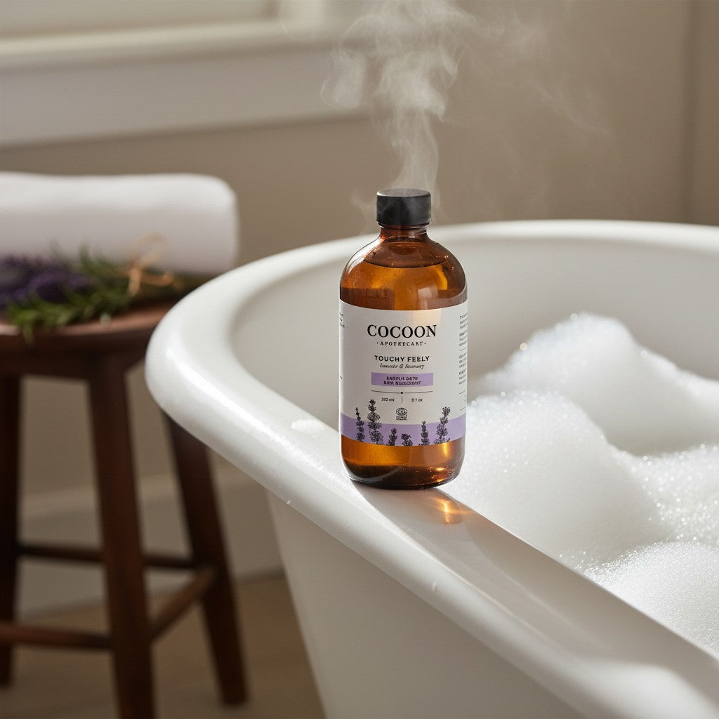 Oh Canada Gifts Touchy Feely bubble bath in an amber bottle with lavender and rosemary, resting on a white bathtub edge.