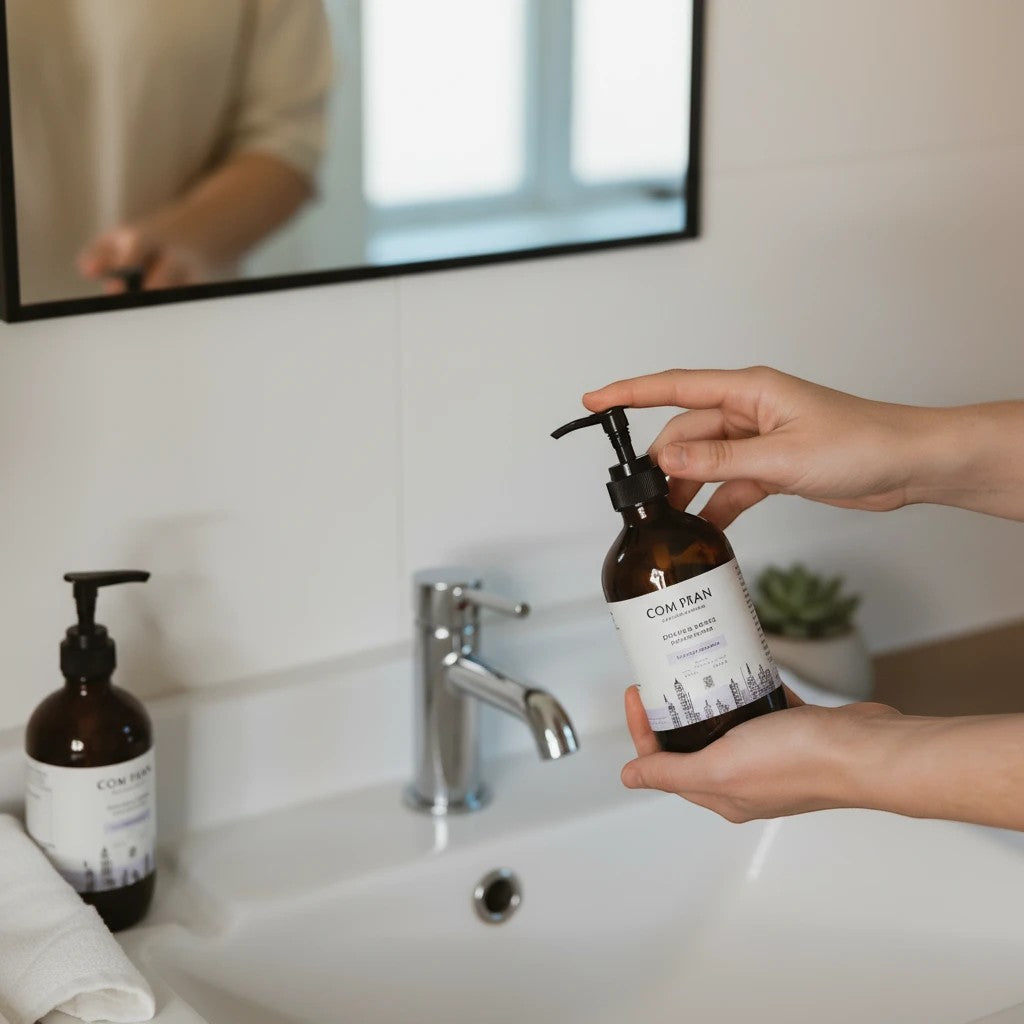 Oh Canada Gifts Touchy Feely liquid hand soap in an amber glass bottle being used at a bathroom sink.