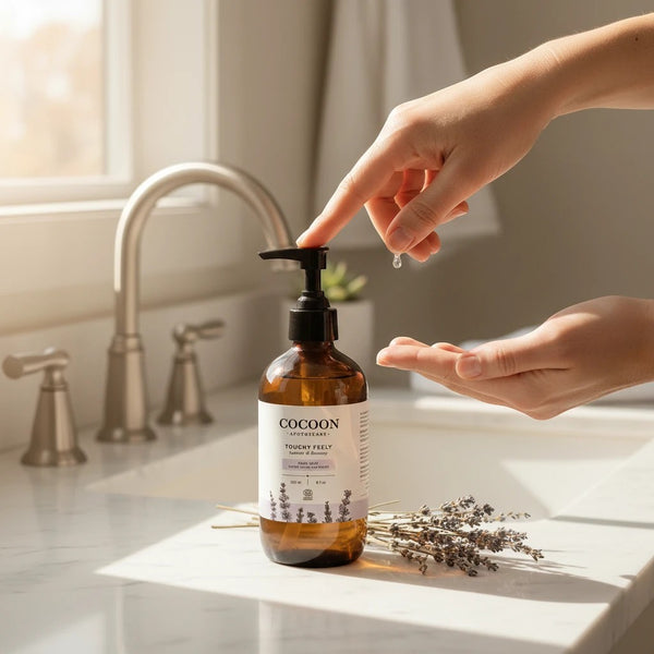 Oh Canada Gifts Cocoon Apothecary Touchy Feely lavender and rosemary hand soap in an amber glass bottle on a vanity.
